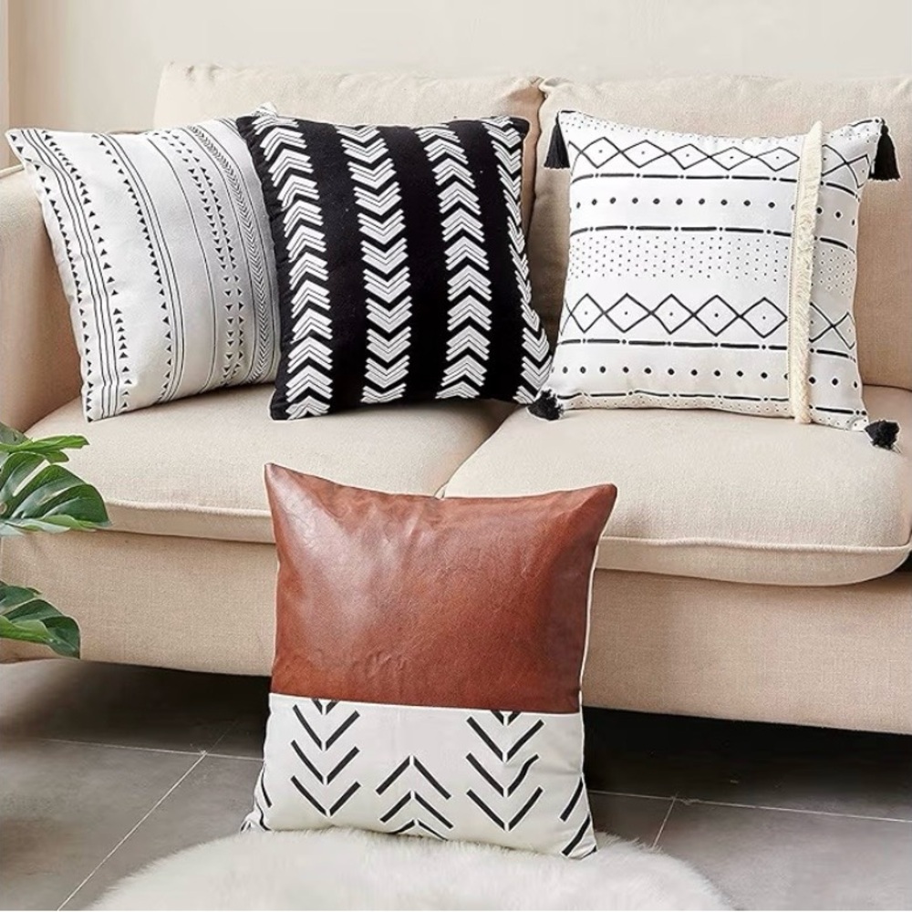 CDWERD Boho 18x18” Pillow Covers Set of 4 Faux Leather, linen, Fringe Tassels - Picture 2 of 16